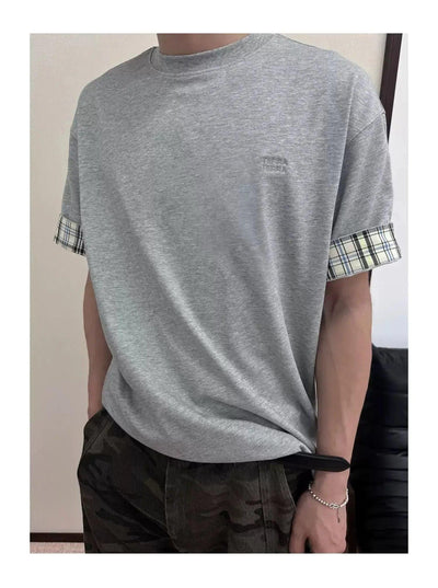 Plaid Cuff Roundneck T-Shirt Korean Street Fashion T-Shirt By Terra Incognita Shop Online at OH Vault