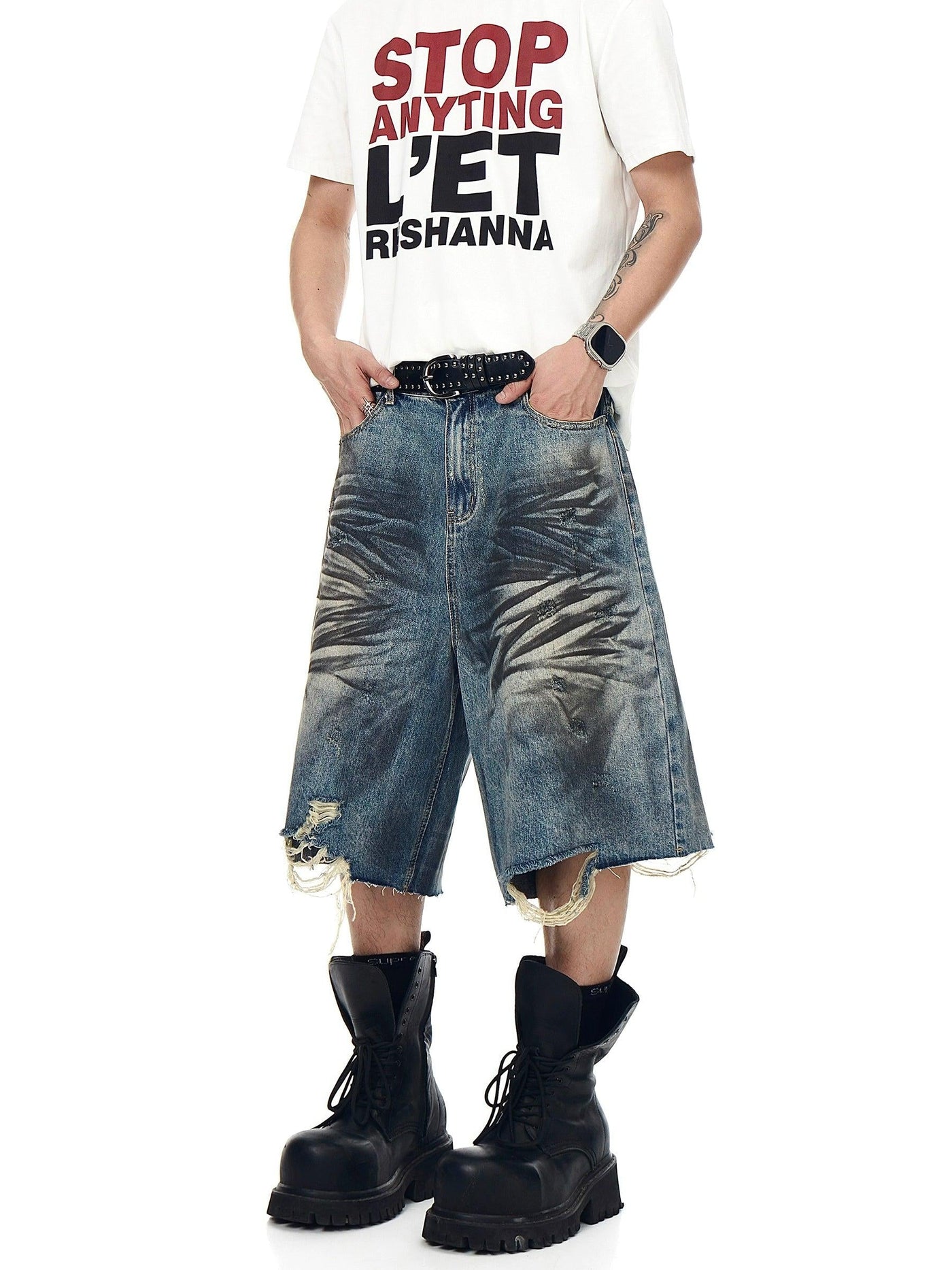 Ink Smudges Distressed Denim Shorts Korean Street Fashion Shorts By Blacklists Shop Online at OH Vault