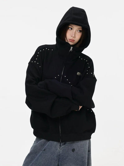 Rivet Embellished Zip-Up Hoodie Korean Street Fashion Hoodie By INS Korea Shop Online at OH Vault