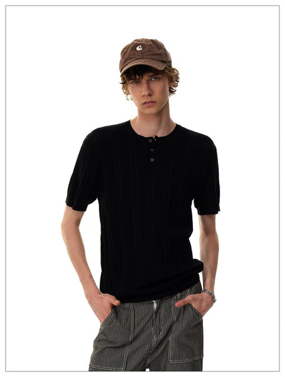 Henley Collar Knit T-Shirt Korean Street Fashion T-Shirt By Mr Nearly Shop Online at OH Vault