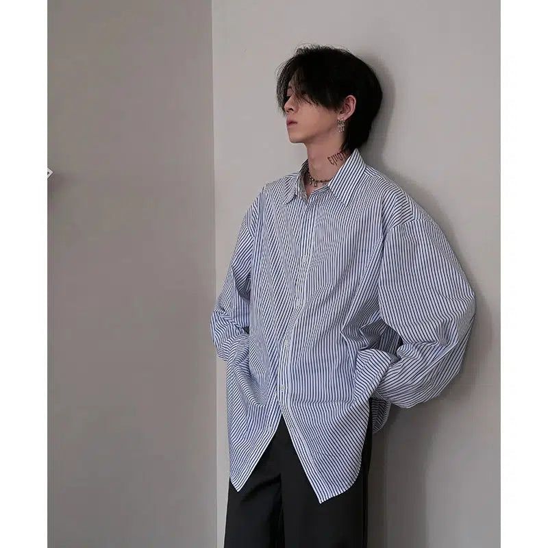 Vertical Stripes Loose Shirt Korean Street Fashion Shirt By HARH Shop Online at OH Vault
