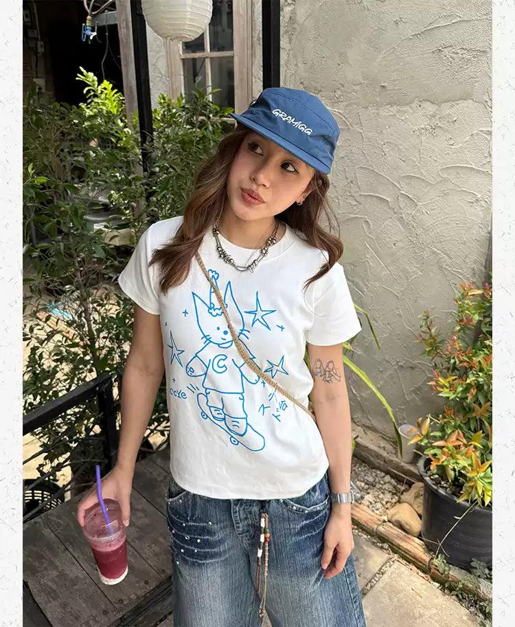 Cat Doodle Print T-Shirt Korean Street Fashion T-Shirt By Made Extreme Shop Online at OH Vault