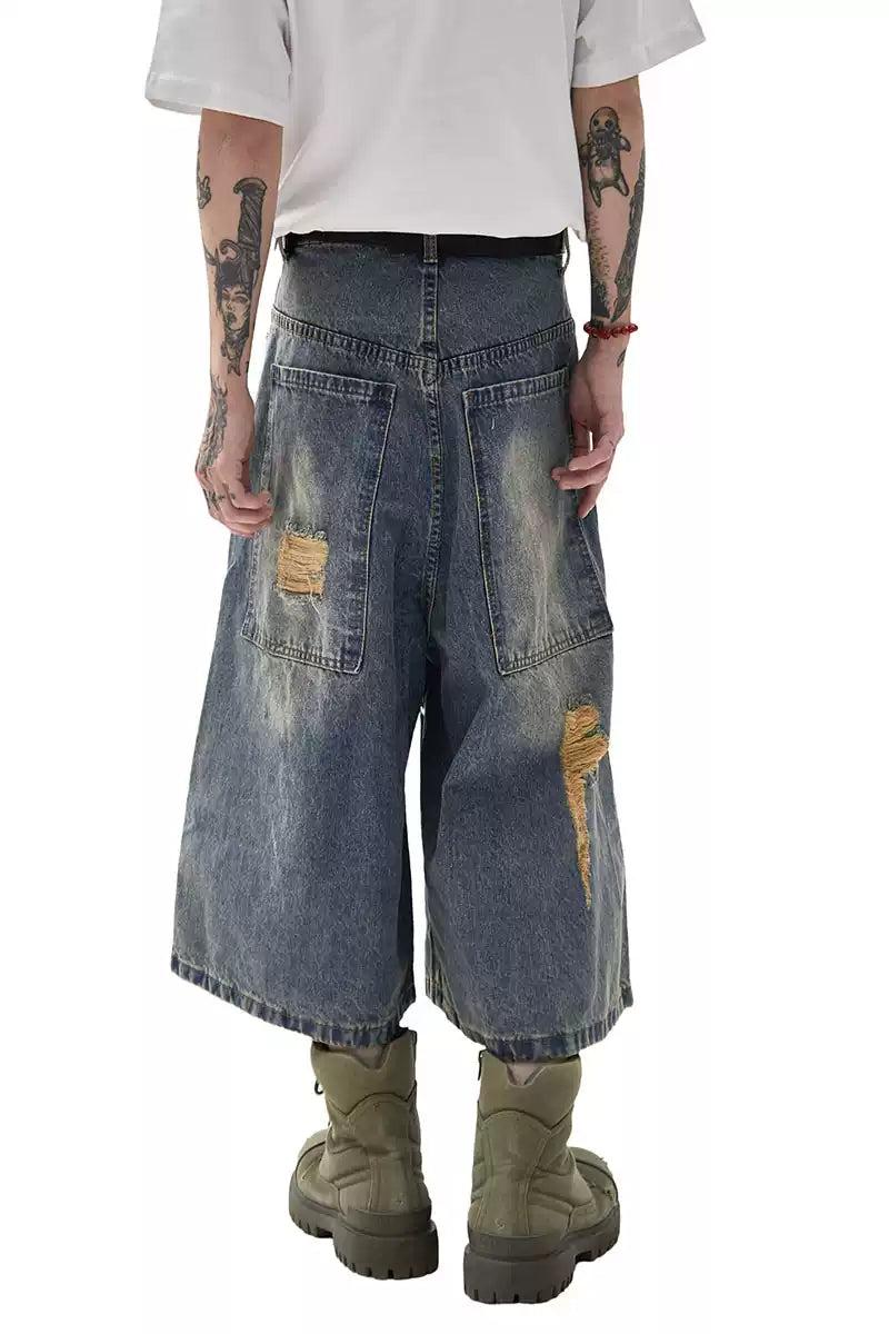 Distressed Mid-Length Denim Shorts Korean Street Fashion Shorts By Ash Dark Shop Online at OH Vault