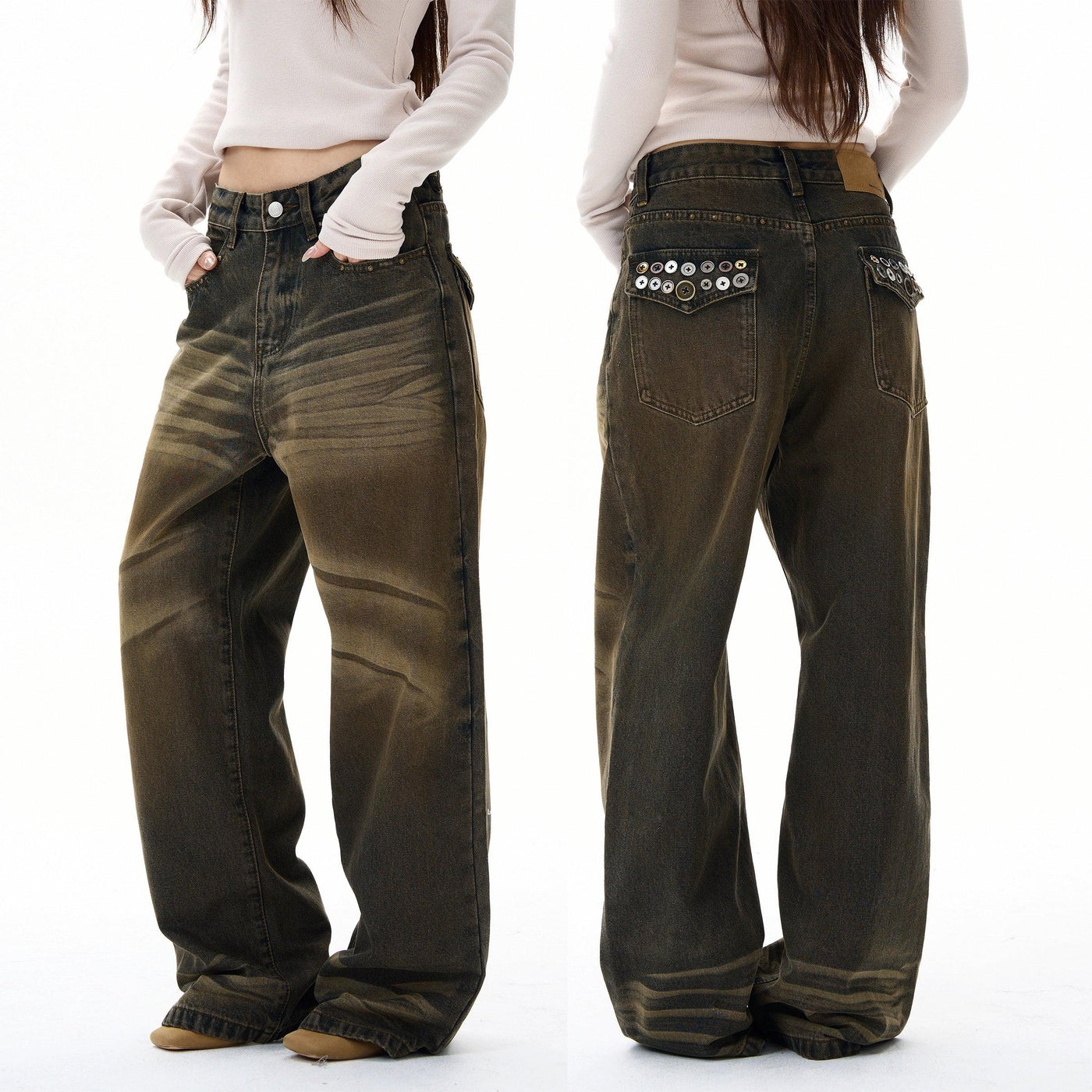 Gradient Washed Buttoned Pocket Jeans Korean Street Fashion Jeans By 77Flight Shop Online at OH Vault