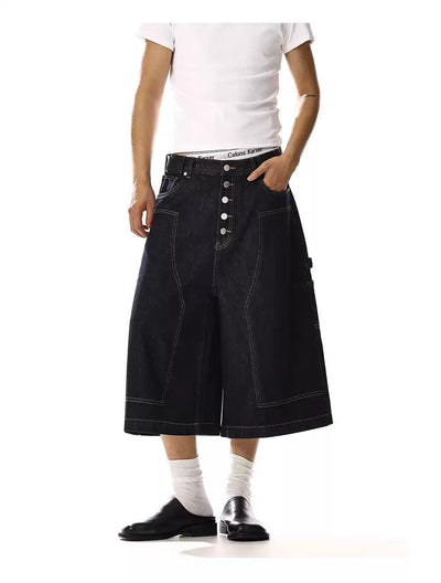 Multi-Buttoned Contrast Stitches Denim Shorts Korean Street Fashion Shorts By MEBXX Shop Online at OH Vault
