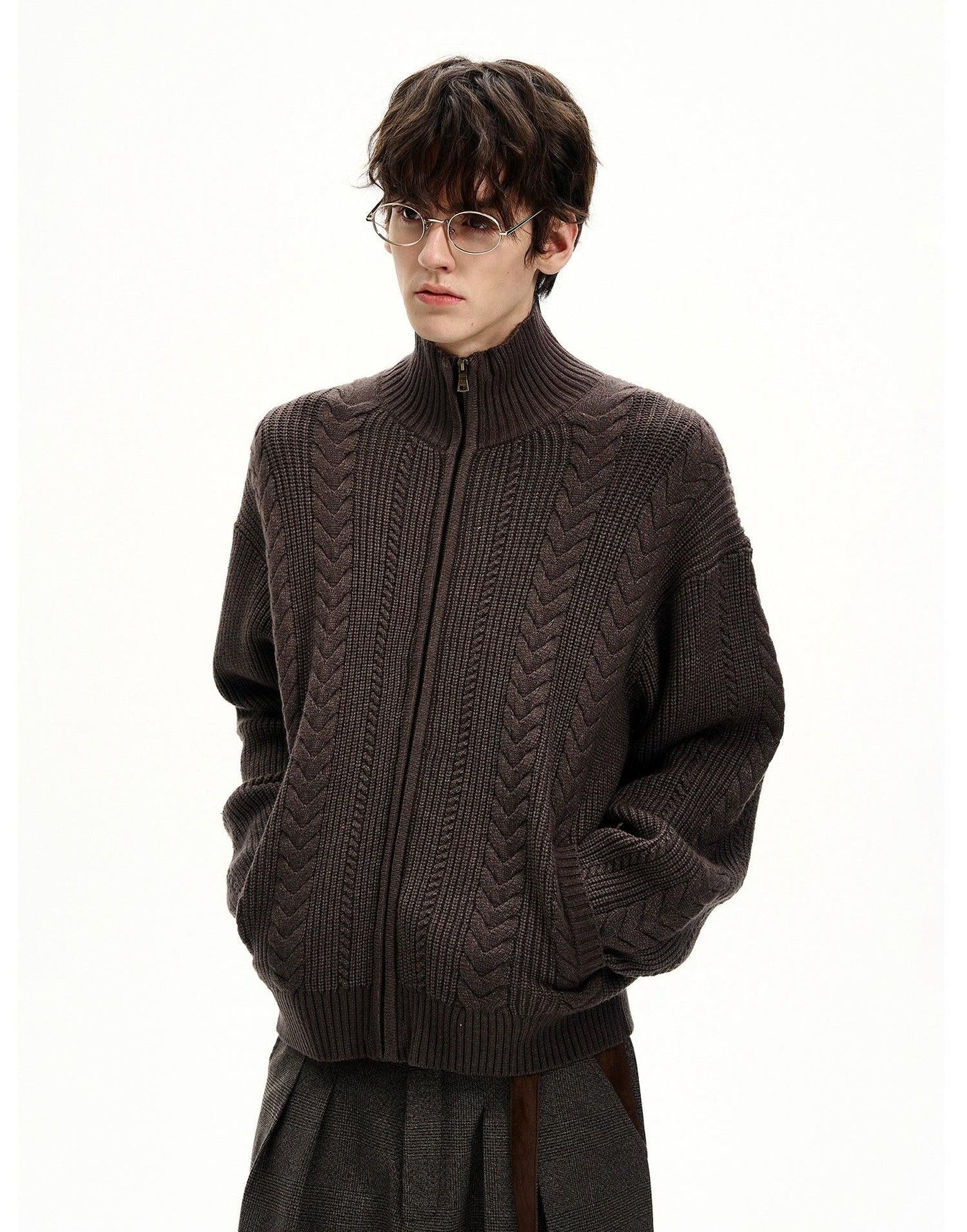Stand Collar Cable Knit Zipped Jacket Korean Street Fashion Jacket By MaxDstr Shop Online at OH Vault