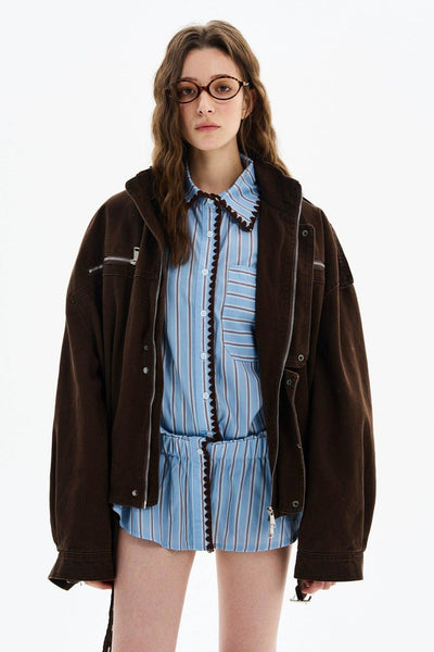 Stand Collar Multiple Detail Denim Jacket Korean Street Fashion Jacket By MaxDstr Shop Online at OH Vault