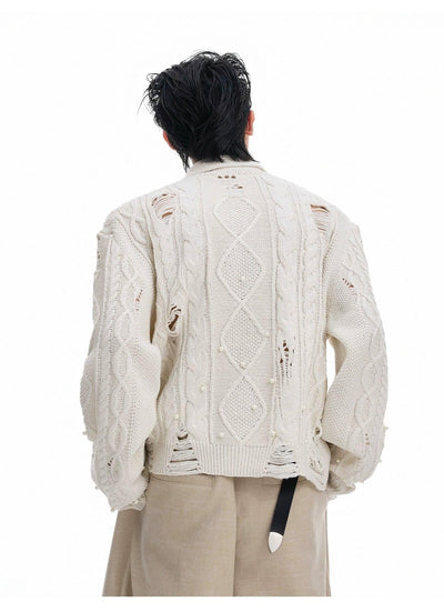Distressed Pearl Detail Knit Cardigan Korean Street Fashion Cardigan By Argue Culture Shop Online at OH Vault