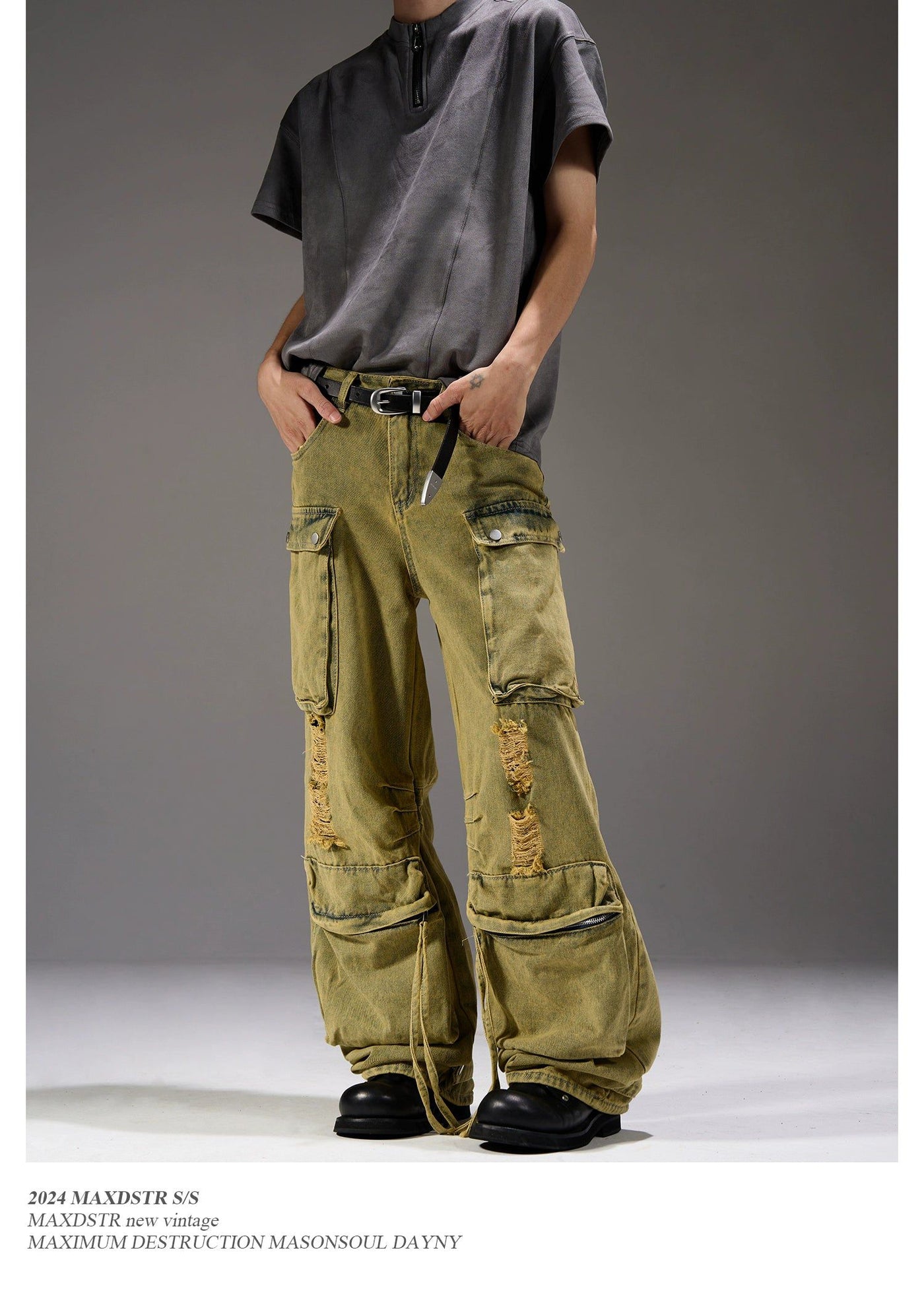 Mud Wash Ripped Cargo Jeans Korean Street Fashion Jeans By MaxDstr Shop Online at OH Vault