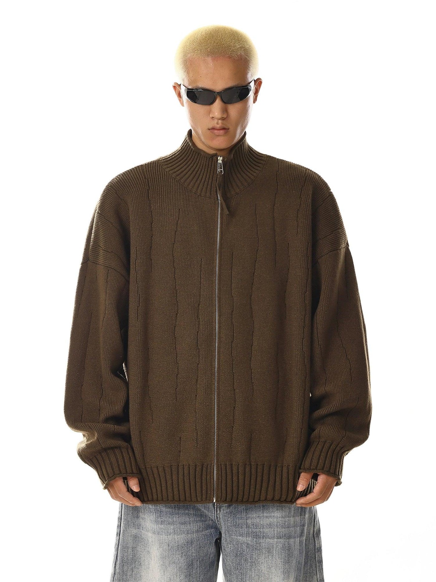 Stitched Pattern Zipped Knit Jacket Korean Street Fashion Jacket By MEBXX Shop Online at OH Vault