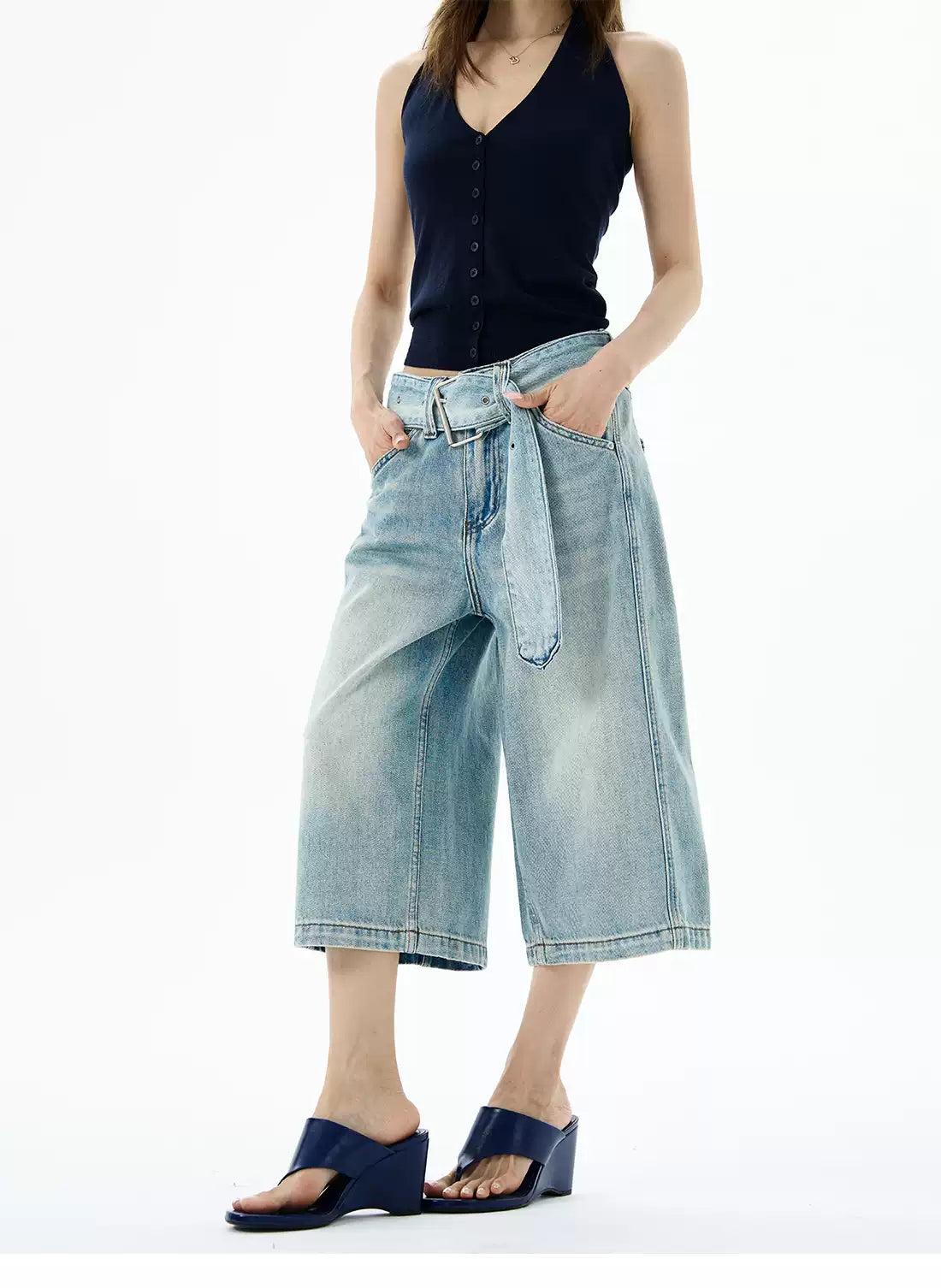 Wide Belt Strap Denim Shorts Korean Street Fashion Shorts By 77Flight Shop Online at OH Vault