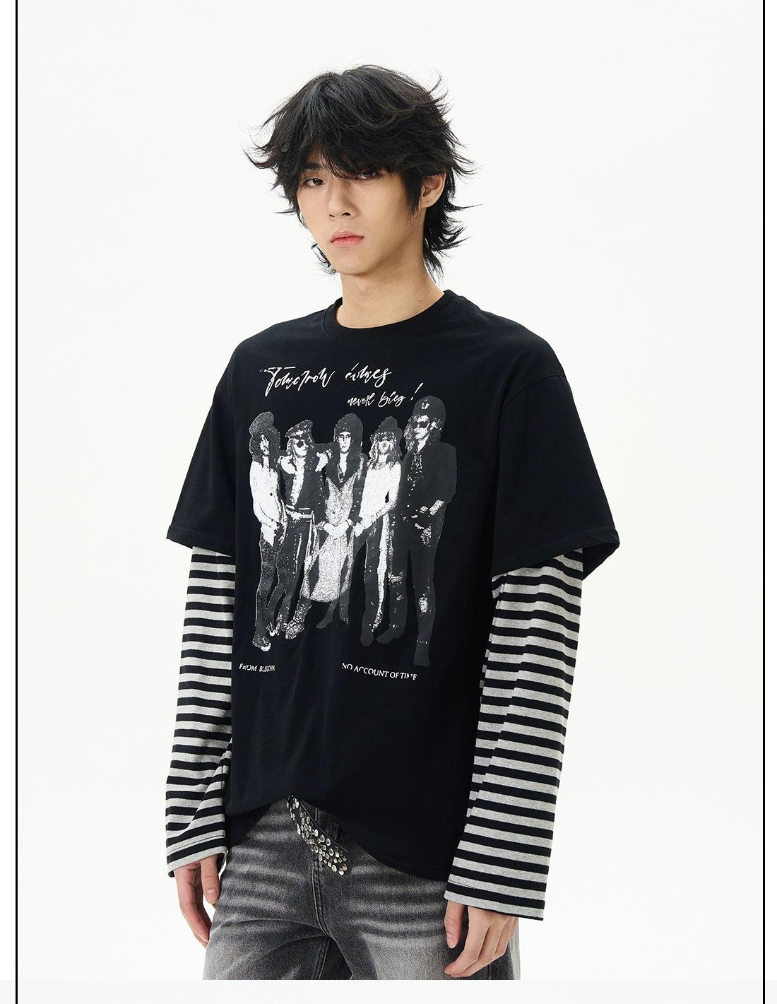 Striped Band Graphic Long Sleeve T-Shirt Korean Street Fashion T-Shirt By 77Flight Shop Online at OH Vault