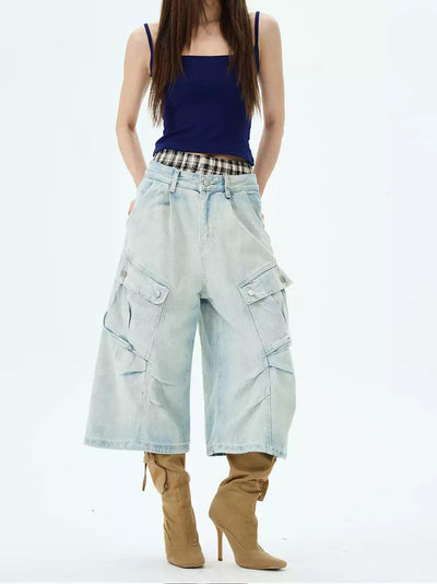 Chic Stitched Cargo Denim Shorts Korean Street Fashion Shorts By 77Flight Shop Online at OH Vault