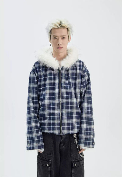 Checked Fur Collar Hooded Jacket Korean Street Fashion Jacket By Ash Dark Shop Online at OH Vault