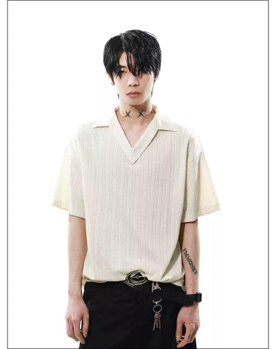 Textured V-Neck Polo Korean Street Fashion Polo By Mr Nearly Shop Online at OH Vault