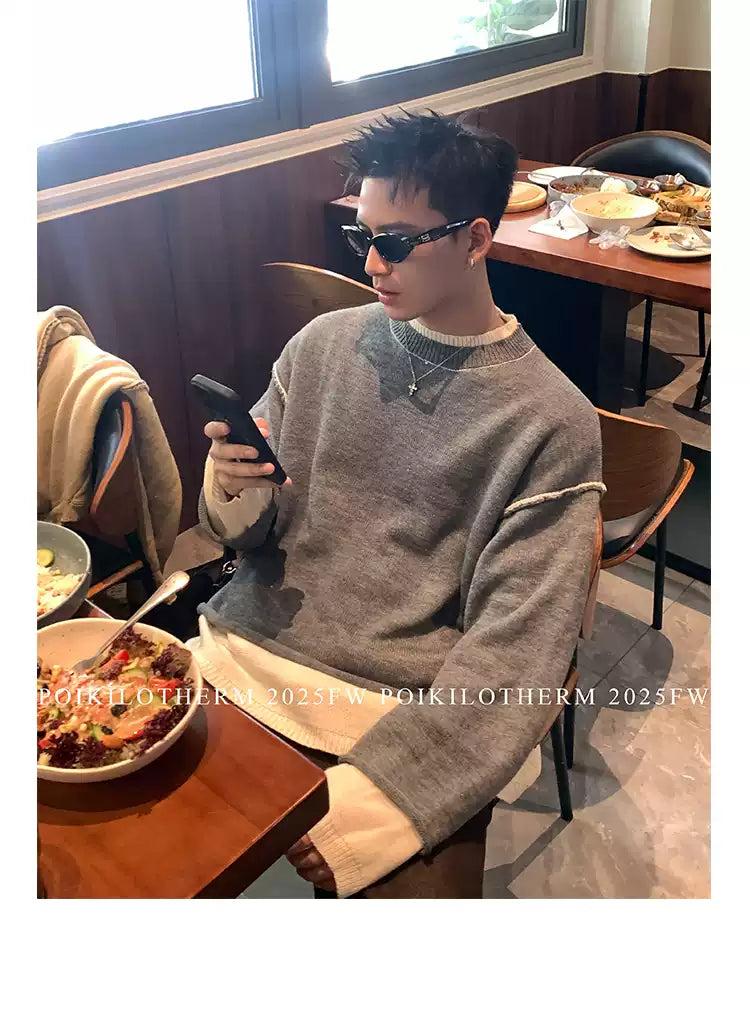 Spliced Contrast Relax Fit Sweater Korean Street Fashion Sweater By Poikilotherm Shop Online at OH Vault