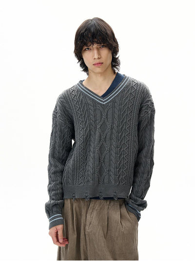 Distressed V-Neck Sweater Korean Street Fashion Sweater By 77Flight Shop Online at OH Vault