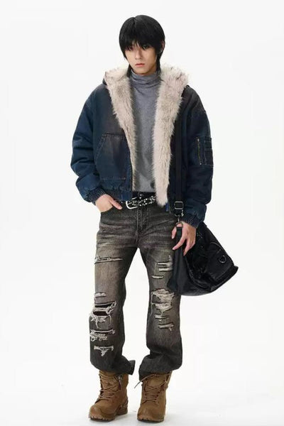 Plushy Washed Hooded Denim Jacket Korean Street Fashion Jacket By 77Flight Shop Online at OH Vault