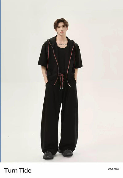 Contrast Drawstring Zipped Hoodie & Pleated Sweatpants Set Korean Street Fashion Clothing Set By Turn Tide Shop Online at OH Vault