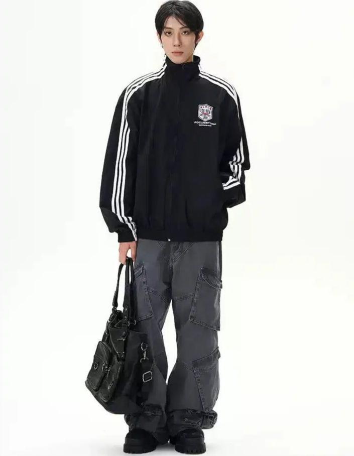 Casual Three-Bar Sports Jacket Korean Street Fashion Jacket By 77Flight Shop Online at OH Vault