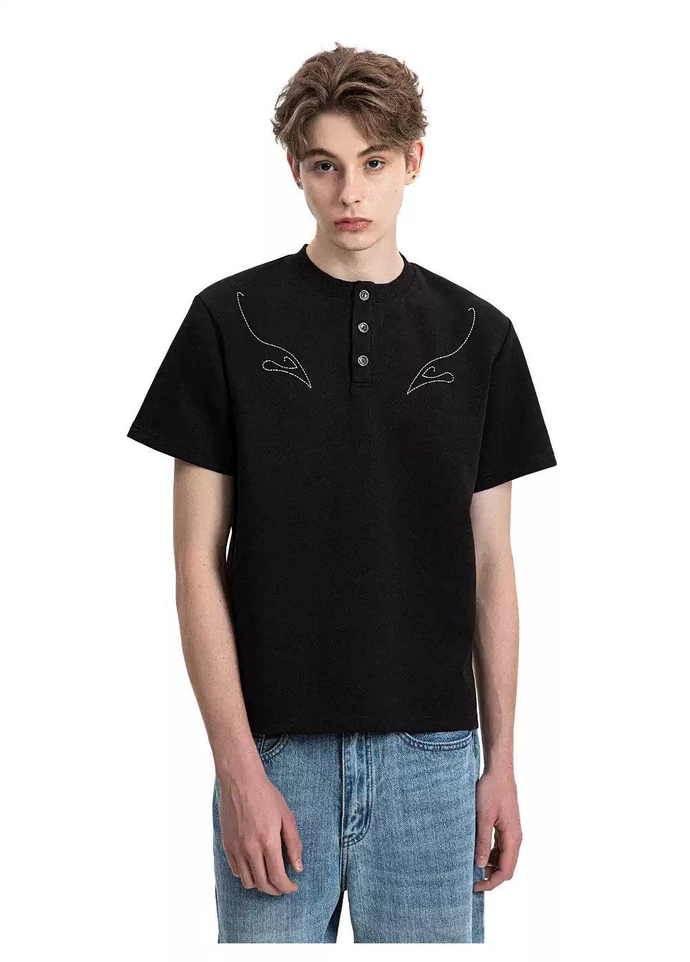 Contrast Stitches Henley Collar T-Shirt Korean Street Fashion T-Shirt By Made Extreme Shop Online at OH Vault