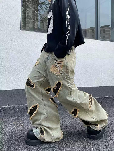 Leopard Ripped Hole Jeans Korean Street Fashion Jeans By Dark Fog Shop Online at OH Vault