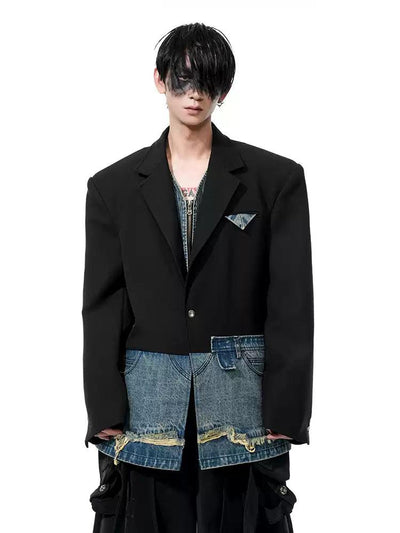 Chic Denim Layered Detail Blazer Korean Street Fashion Blazer By Slim Black Shop Online at OH Vault