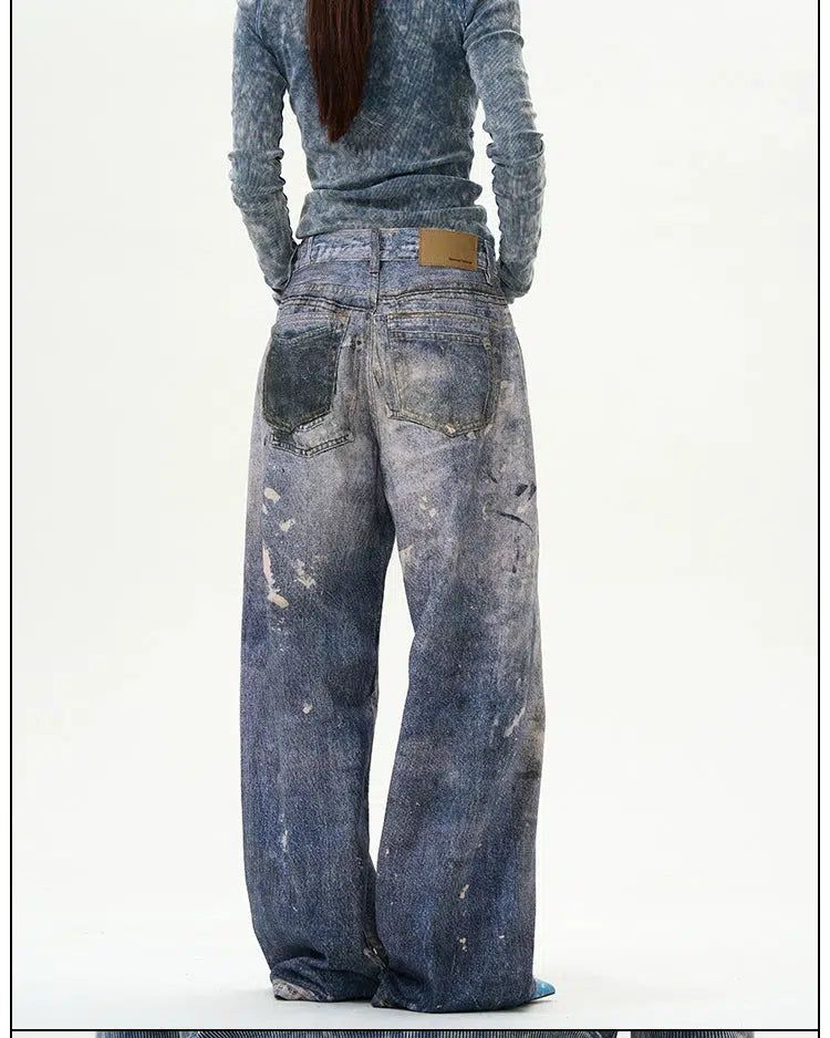 Paint Stained Wide Jeans Korean Street Fashion Jeans By 77Flight Shop Online at OH Vault