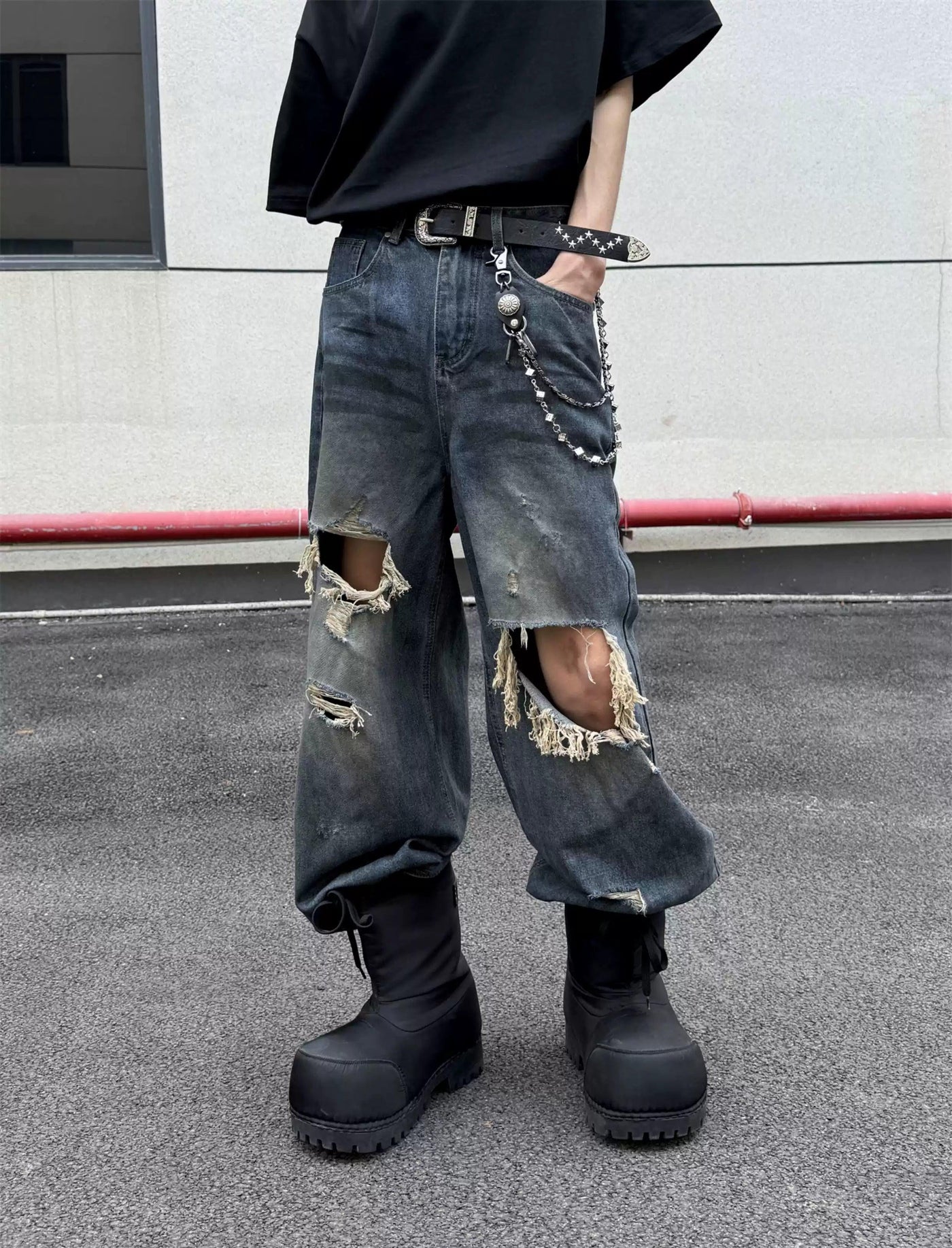 Distressed Knee Detail Jeans Korean Street Fashion Jeans By Ash Dark Shop Online at OH Vault