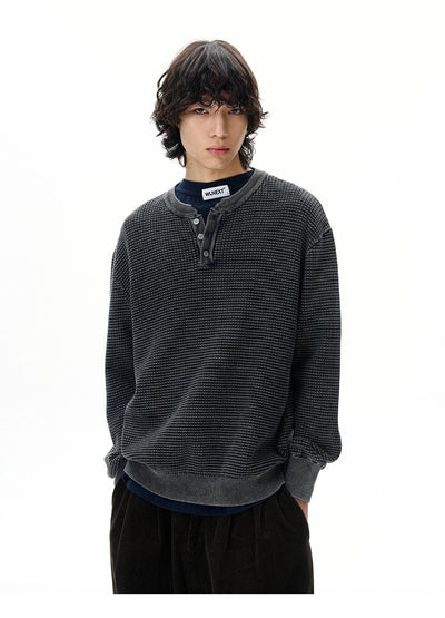 Henley Collar Textured Crewneck Korean Street Fashion Crewneck By 77Flight Shop Online at OH Vault