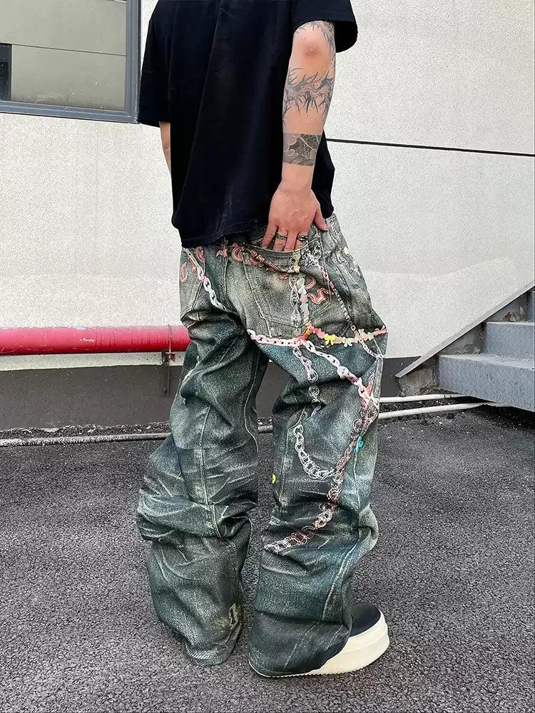 Colorful Chain Loose Fit Jeans Korean Street Fashion Jeans By Dark Fog Shop Online at OH Vault