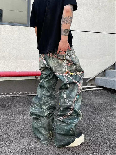 Colorful Chain Loose Fit Jeans Korean Street Fashion Jeans By Dark Fog Shop Online at OH Vault
