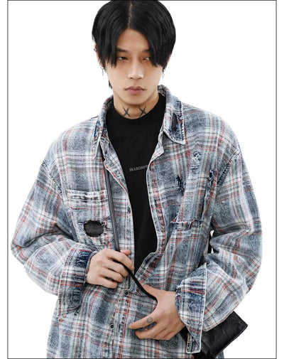 Tie-Dyed Plaid Ripped Shirt Korean Street Fashion Shirt By Mr Nearly Shop Online at OH Vault