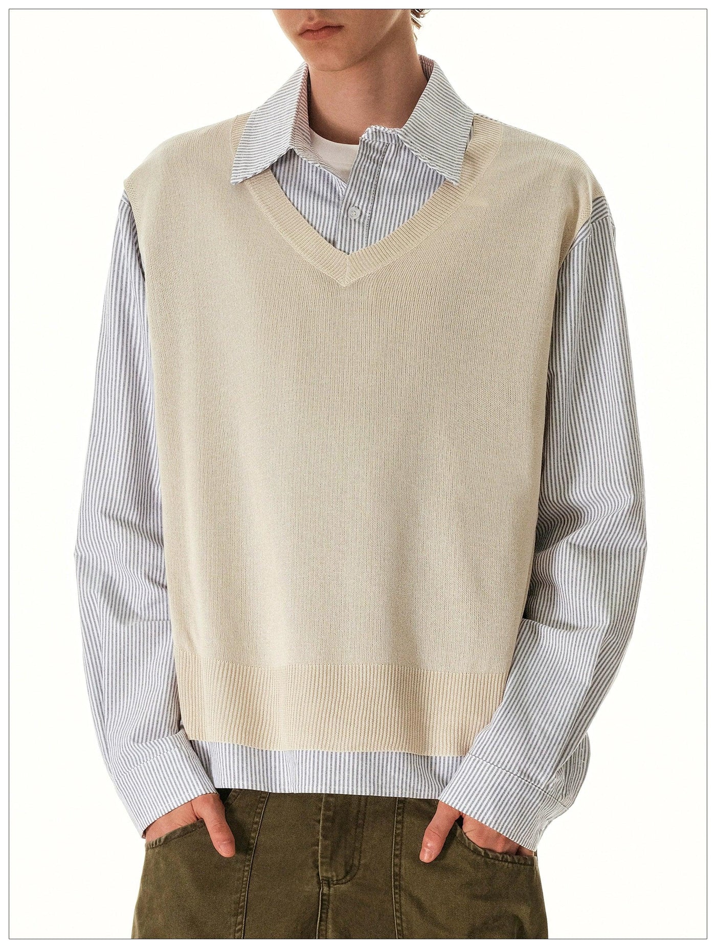Knit Vest Layered Striped Shirt Korean Street Fashion Shirt By Mr Nearly Shop Online at OH Vault