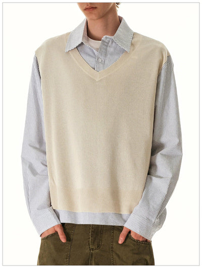 Knit Vest Layered Striped Shirt Korean Street Fashion Shirt By Mr Nearly Shop Online at OH Vault