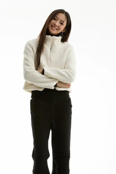 Boxy Stand Collar Fleece Jacket Korean Street Fashion Jacket By Funky Fun Shop Online at OH Vault