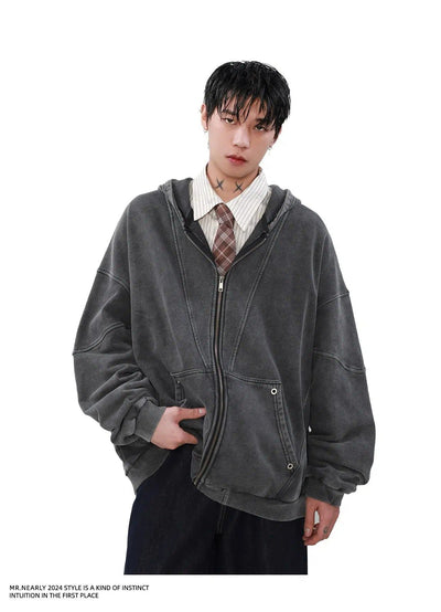 Heavy Washed Pocket Zip-Up Hoodie Korean Street Fashion Hoodie By Mr Nearly Shop Online at OH Vault