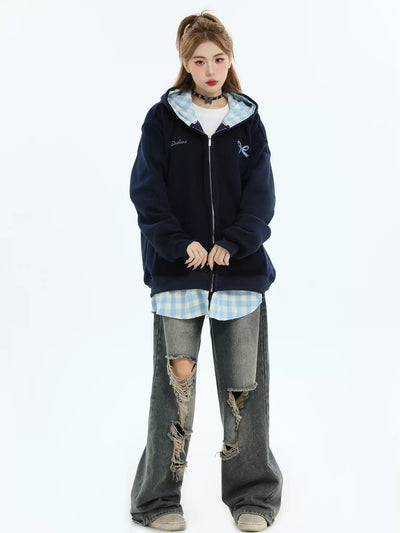 Plaid Layer Zipped Hoodie Korean Street Fashion Hoodie By INS Korea Shop Online at OH Vault