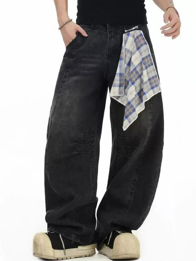 Plaid Handkerchief Detail Washed Scimitar Jeans Korean Street Fashion Jeans By INS Korea Shop Online at OH Vault