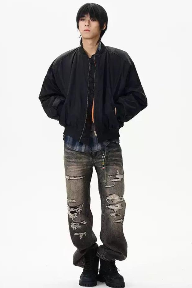 Rips Detail Washed Jeans Korean Street Fashion Jeans By 77Flight Shop Online at OH Vault