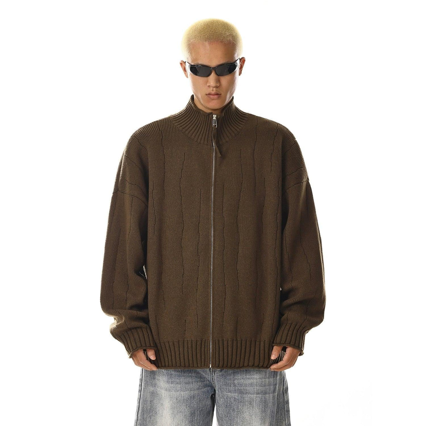 Stitched Pattern Zipped Knit Jacket Korean Street Fashion Jacket By MEBXX Shop Online at OH Vault