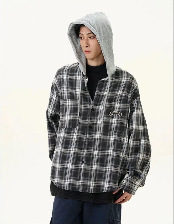 Drawcord Plaid Hooded Shirt Korean Street Fashion Shirt By 77Flight Shop Online at OH Vault