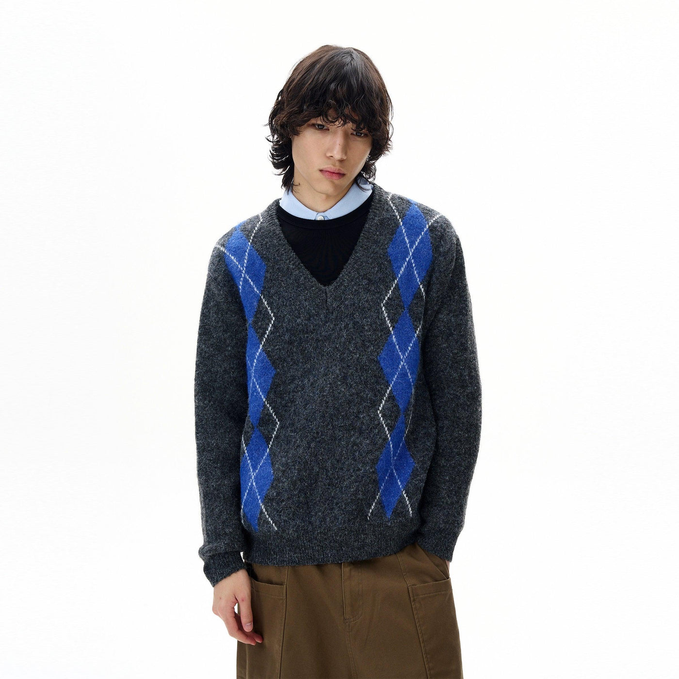 Argyle-Patterned V-Neck Sweater Korean Street Fashion Sweater By 77Flight Shop Online at OH Vault