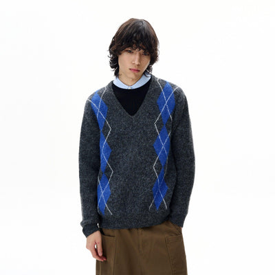 Argyle-Patterned V-Neck Sweater Korean Street Fashion Sweater By 77Flight Shop Online at OH Vault