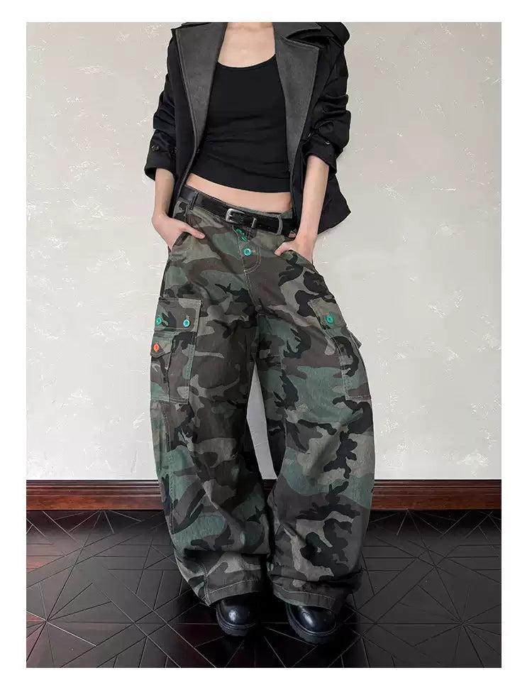 Contrast Button-Down Camo Cargo Pants Korean Street Fashion Pants By A PUEE Shop Online at OH Vault