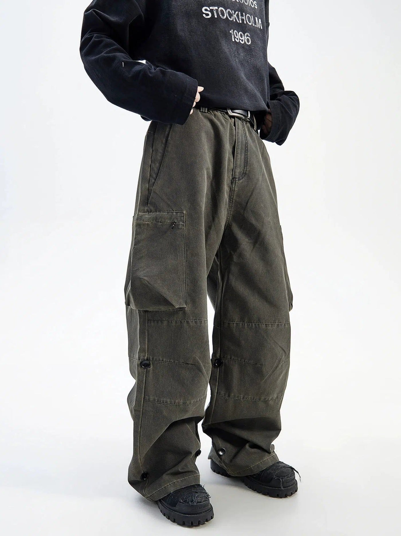 Big Pocket Buttons Baggy Fit Cargo Pants Korean Street Fashion Pants By Ash Dark Shop Online at OH Vault