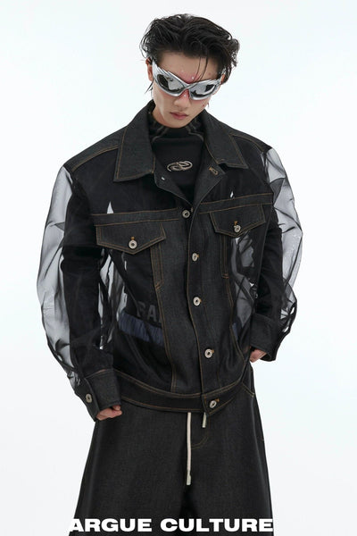 Mesh & Denim Spliced Buttoned Jacket Korean Street Fashion Jacket By Argue Culture Shop Online at OH Vault