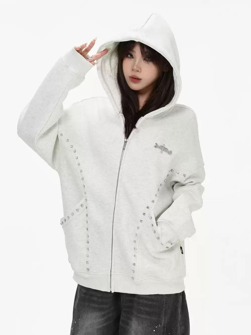 Stoned Line Detail Zipped Hoodie Korean Street Fashion Hoodie By INS Korea Shop Online at OH Vault