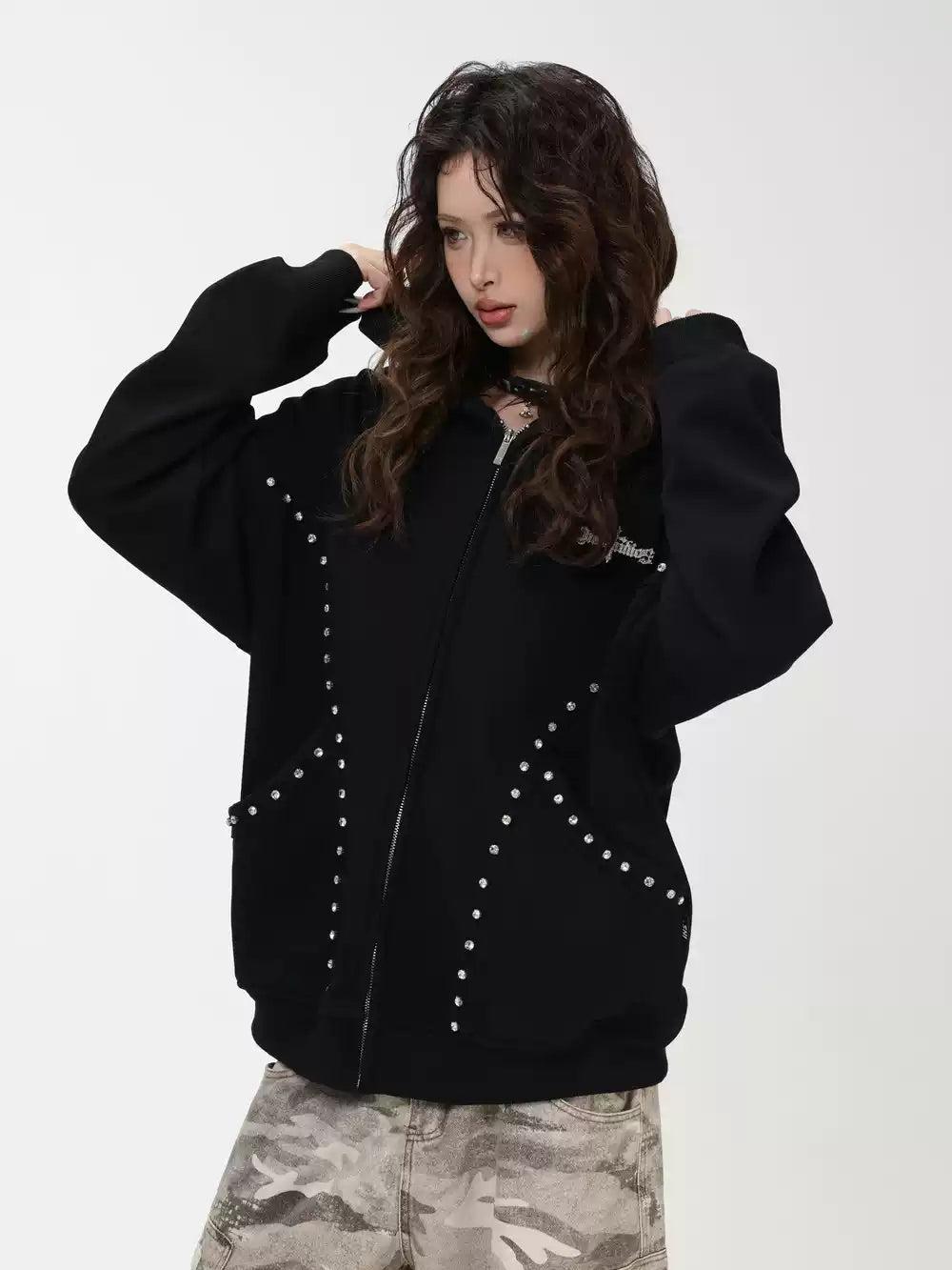 Stoned Line Detail Zipped Hoodie Korean Street Fashion Hoodie By INS Korea Shop Online at OH Vault