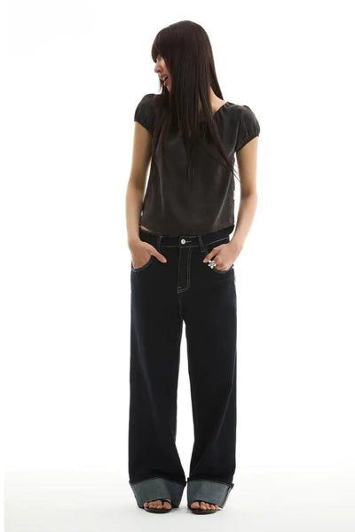 Wide Fold End Straight Leg Jeans Korean Street Fashion Jeans By Funky Fun Shop Online at OH Vault